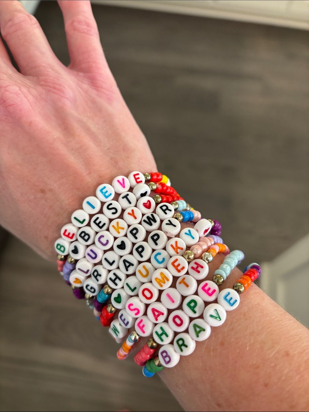 NEW Set of 10 Handmade Kids Beaded Word Bracelets - Multicolor
